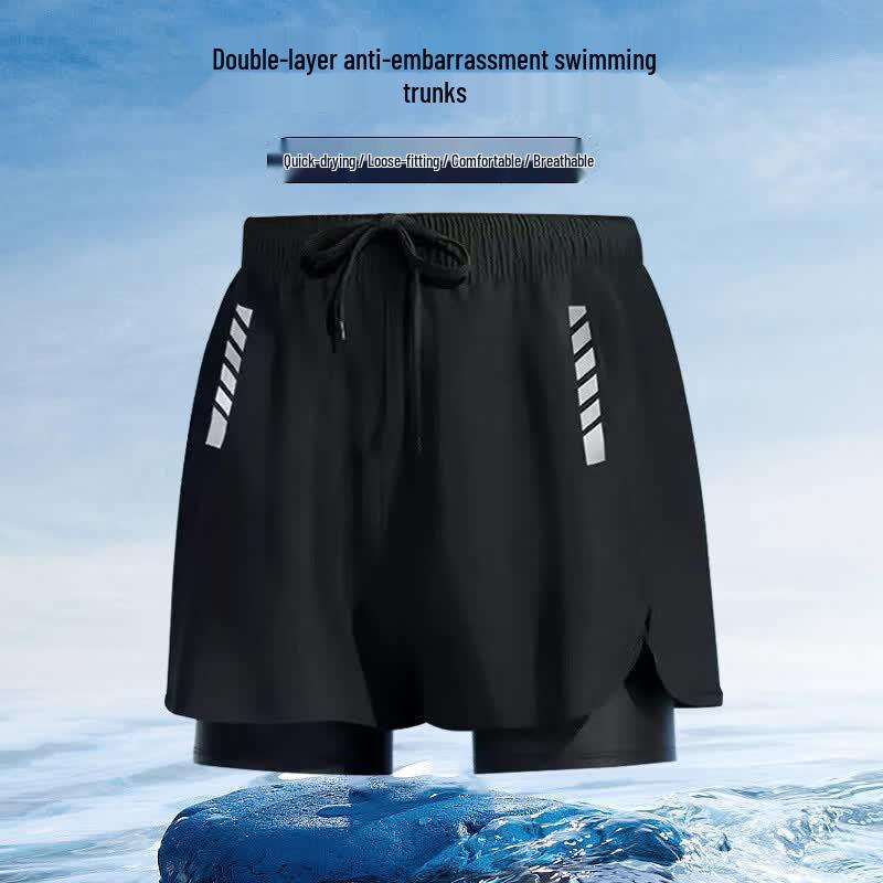 Junwen Men's Quick-Dry Double-Layer Swim Trunks