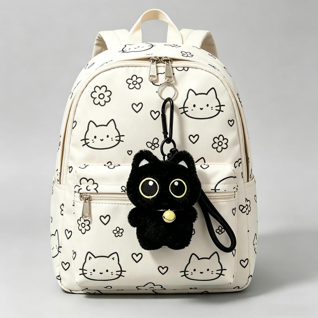 [sansejin] Black Cat Plush Toy, Set of 2, Keychain with Carabiner, Cute Cat with Big Eyes, Charm, Bag Decoration, Gift for Women
