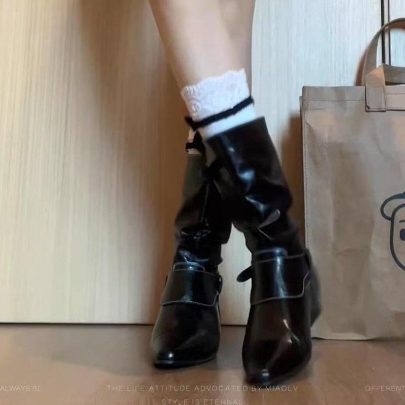 New Round Toe Square Heel Sexy Elegant Mid-calf Boots Fashionable Pin Buckle Decoration Solid Color Simple Casual Women's Shoes