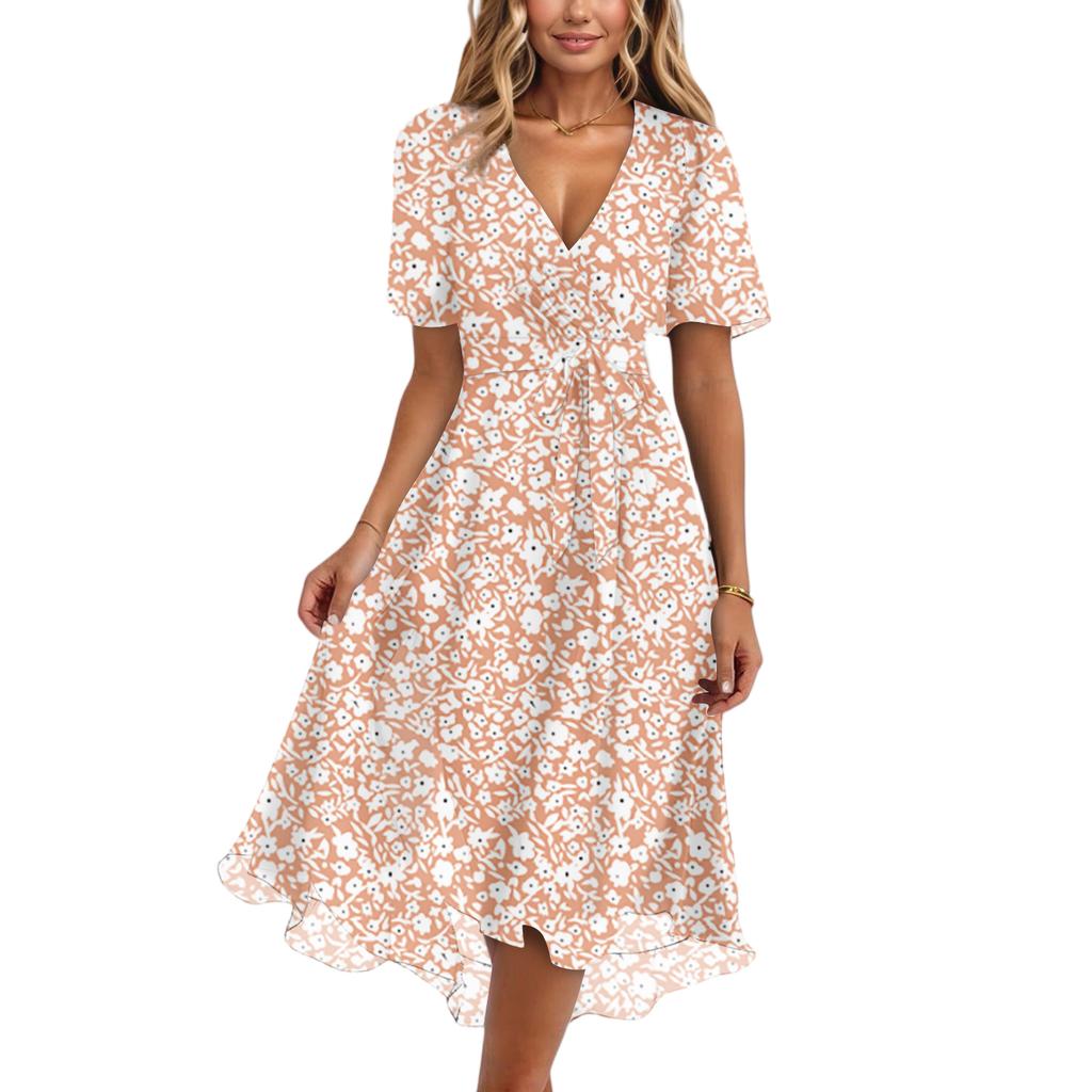 Damenmode Lässig V-Ausschnitt Kurzarm Rüschen Vintage Bedruckte Kleider