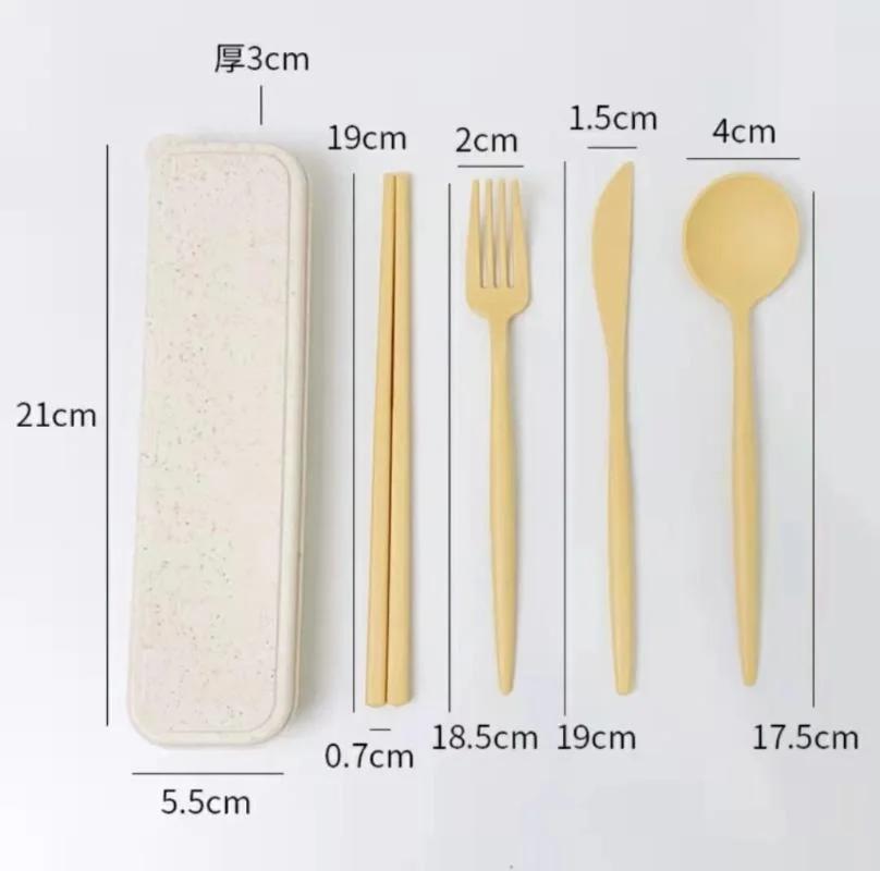 Set 4 Bucăți Tacâmuri Paie de Grâu Lingură Furculiță Bețișoare cu Cutie Veselă Studenți Veselă Portabilă de Călătorie Accesorii Bucătărie