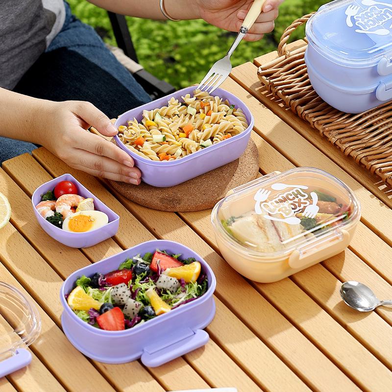 Compact Student Double/Single Layer Plastic Lunch Box with Lid - Portable Bento for Office Workers, Fruit, or Salads.