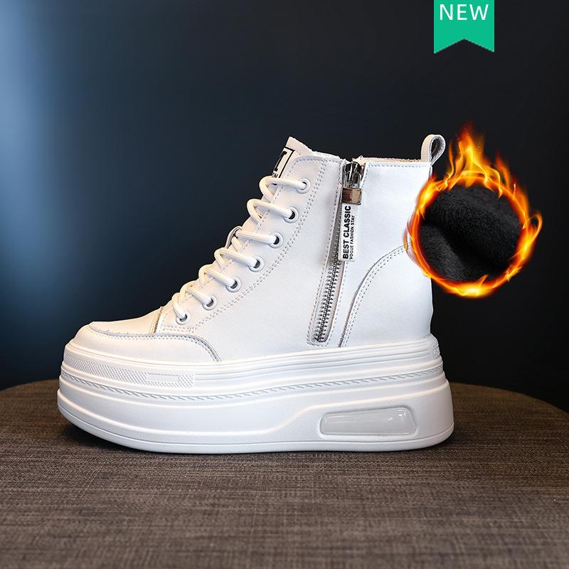 8CM  New Fashion Women Combat Boot Platform Sneakers Spring Autumn Warm Fur Winter Ankle Booties Genuine Leather Women Shoes