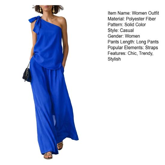 2-teilige Outfits für Damen Sommer One-Shoulder Ärmelloses Oberteil und Weitbeinige Hose Passendes Lounge-Set mit Taschen