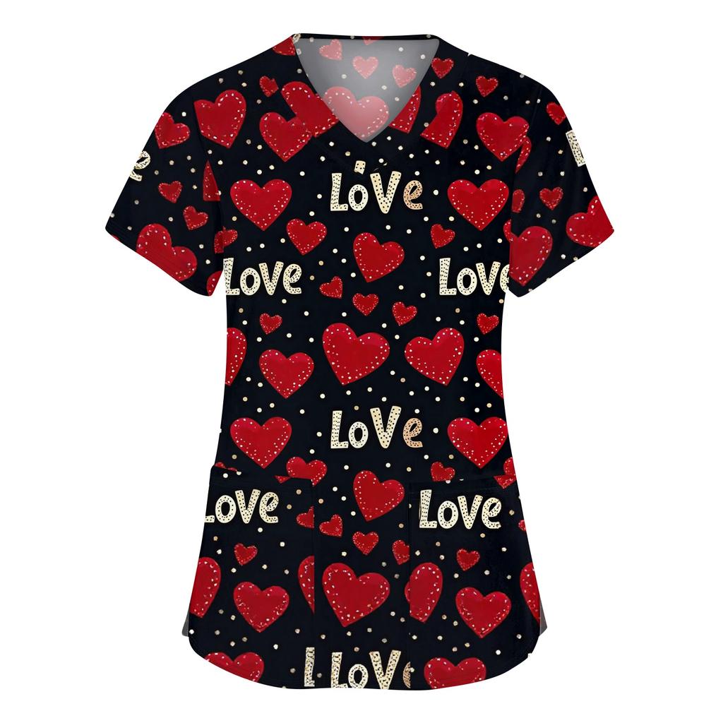 Damesmode werkkleding met V-hals, korte mouwen en bedrukte zakken