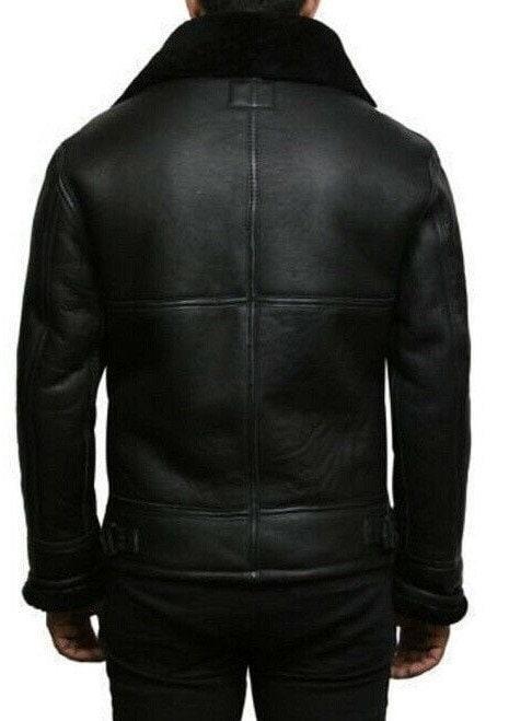 Mens Lambskin BLACK Leather Jacket, Handmade Shearling faux FUR Collar Leather Jacket With Zipper, Celebrity Sheep Leather Jacket Black