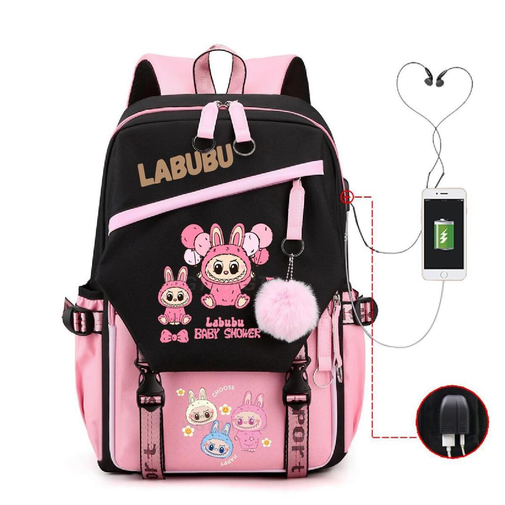 Labubu printed student schoolbag multi-function large capacity backpack with USB port