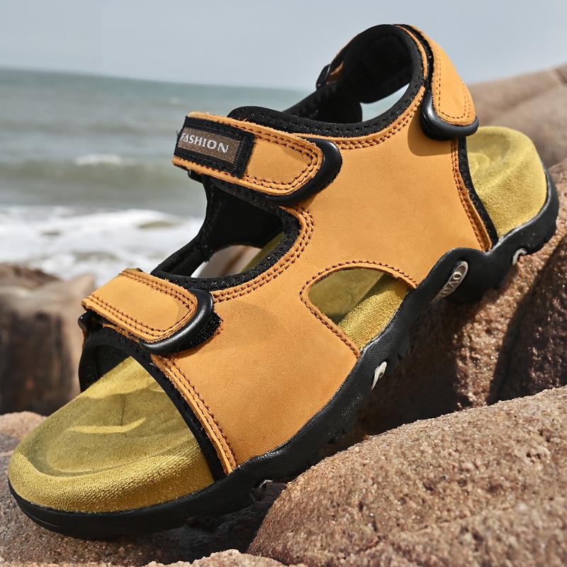 

Fashion 2025 New Travel Male Walking Shoes Classic Mens Leather Summer Sandals Non-Slip Roman Sandals Slippers Outdoor Beach Sneakers 45 жёлтый