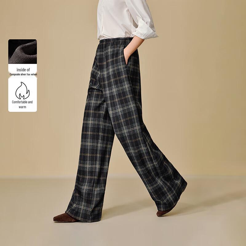 

INMAN Women s Retro Relaxed Silver Fox Velvet Plaid Wide-Leg Pants L