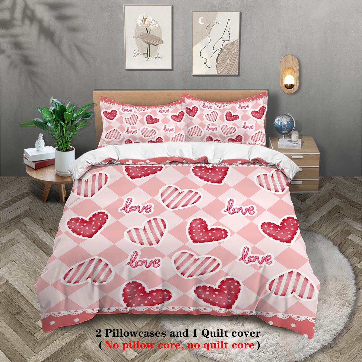 

3pcs Red heart shaped Love pattern printed Duvet cover set, queen, king, double bed, for bedroom,hotel, Special gift for Girls 135x200cm-EU-Single