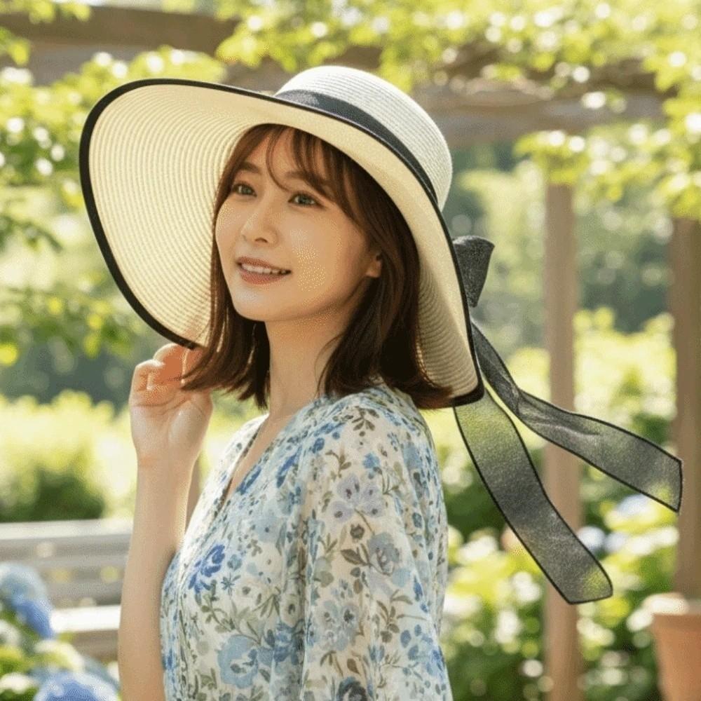 Breathable Vacation Beach Cap with Lace Ribbon Lightweight Big Brimmed Straw Hat Solid Color Sunshade Topi Woven Sun Cap