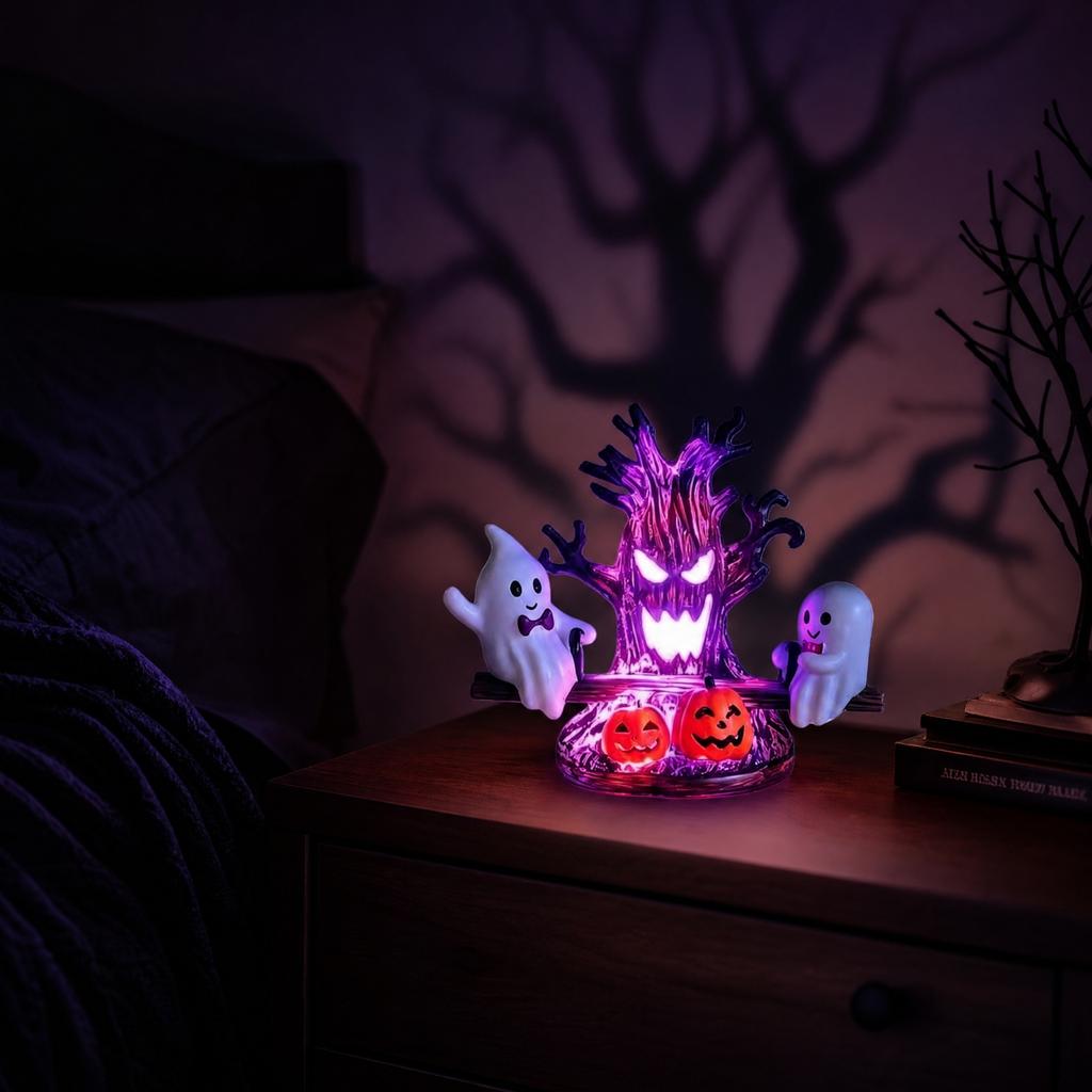 Halloween Seesaw Night Light, Colorful Glowing Resin Tree Pumpkin Decor for Bedroom Desk Fall Decoration