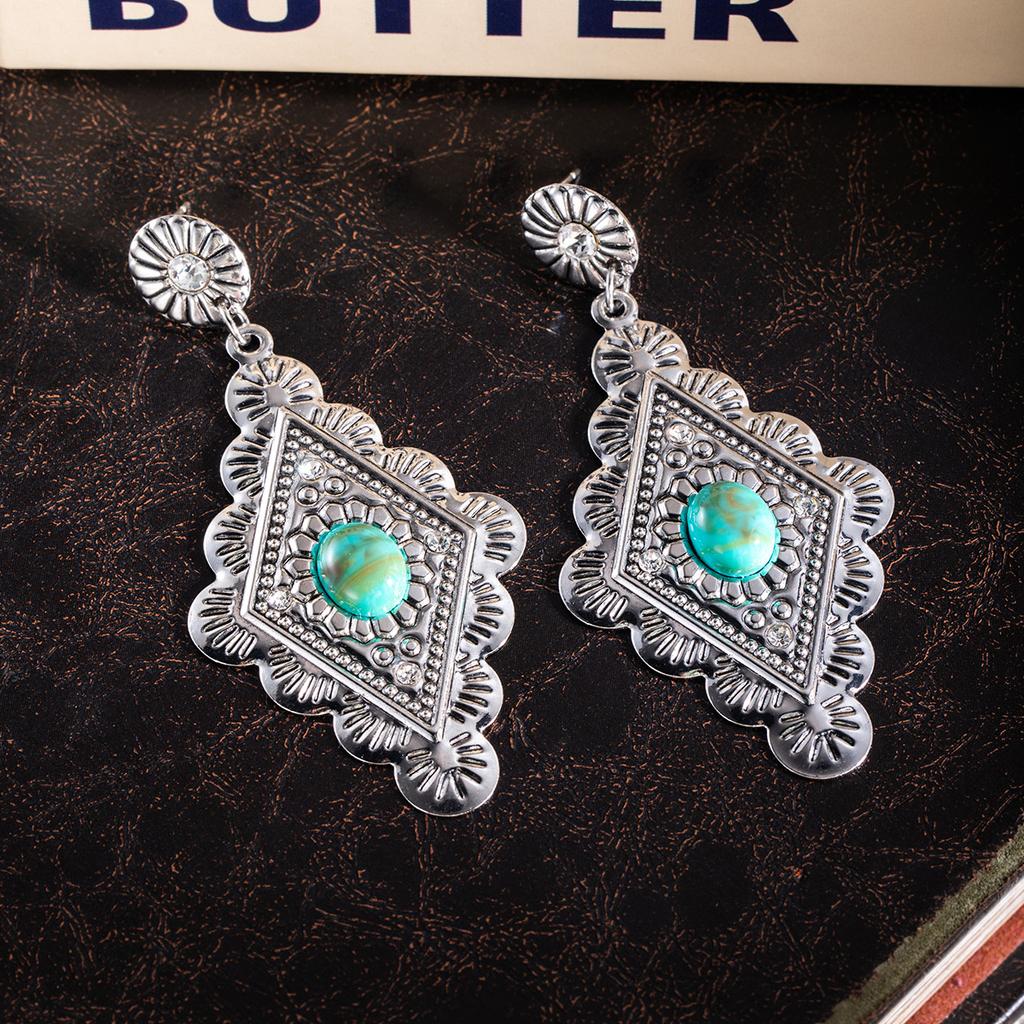 Vintage Carved Texture Turquoise Earrings, Bohemian Ethnic Style Rhombus Exaggerated Earrings For Women