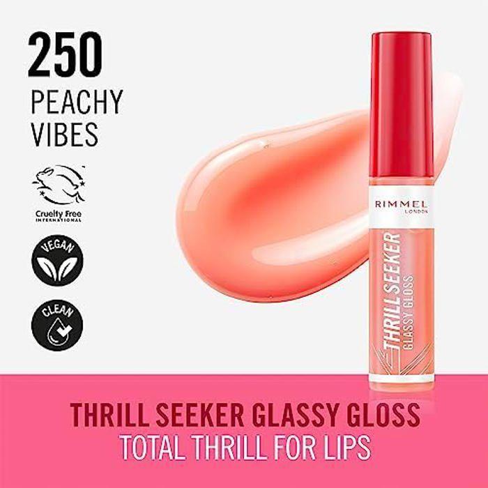 Rimmel Thrillseeker Glassy Gloss 250 Vibes Peachy Brillance hydratante, acide hyaluronique, complexe antioxydant, non collant, gros