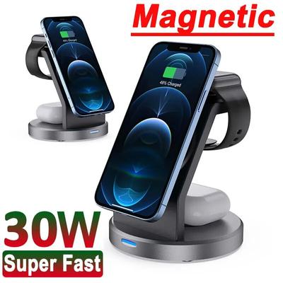Support de chargeur magnétique sans fil 3 en 1, 30W, puissant, pour iPhone 14, 13, 12 Pro Max, Apple Watch, Airpods, Station de charge rapide