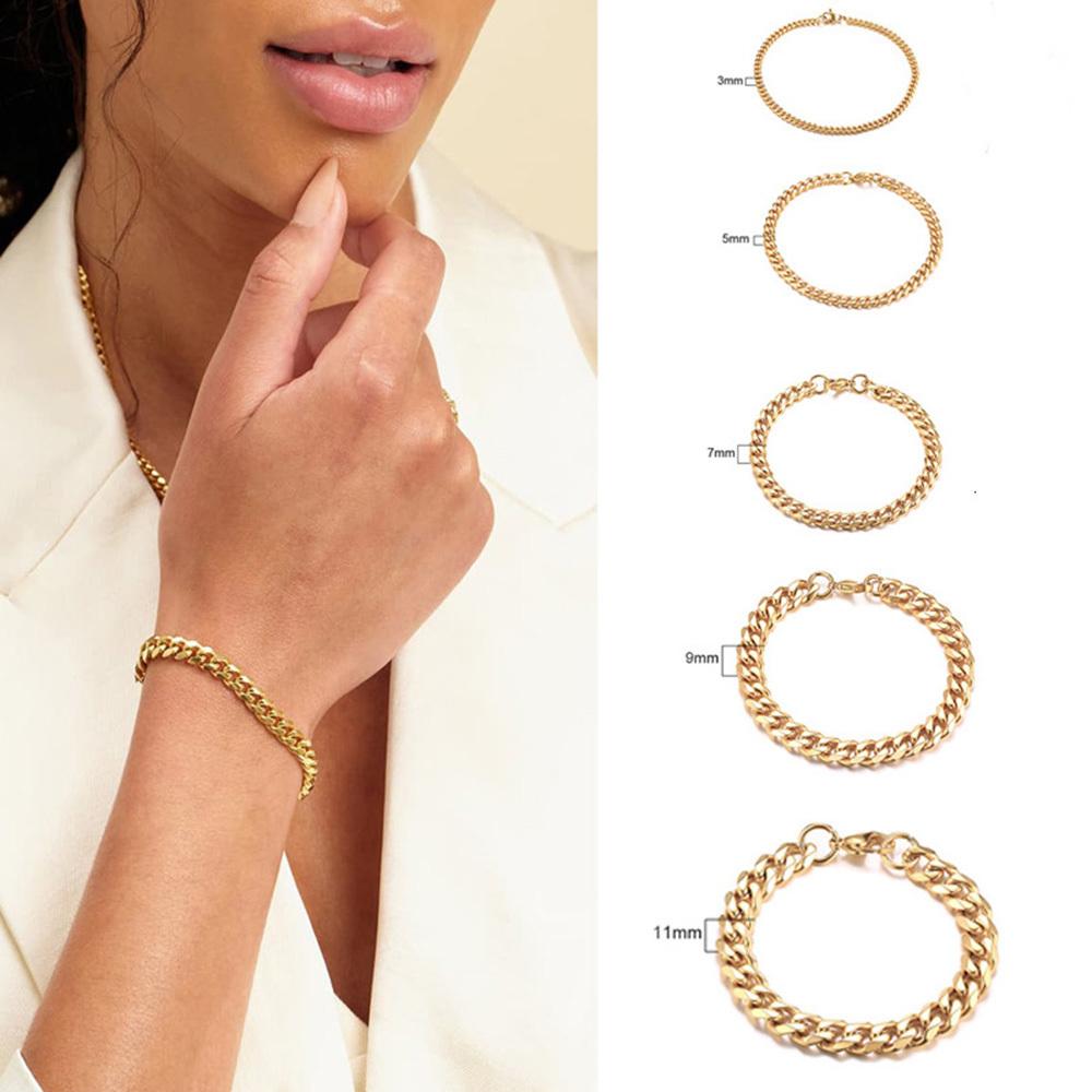 Stainless Steel Chain Bracelet Women, 3mm To 9mm Curb Cuban Chain Bangle Gold Color Unisex Wrist Stackable Jewelry