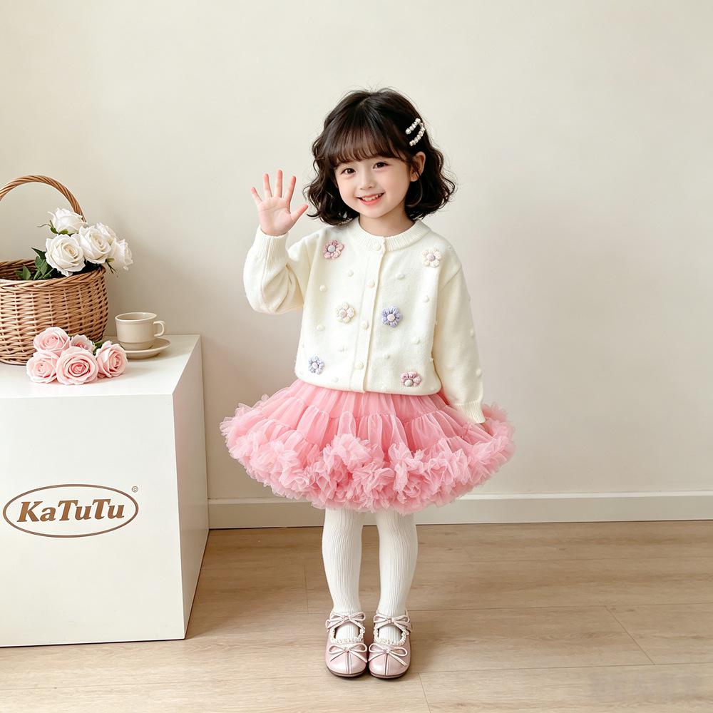 Girls' Spring & Autumn Lace Cardigan and Mesh Skirt Set