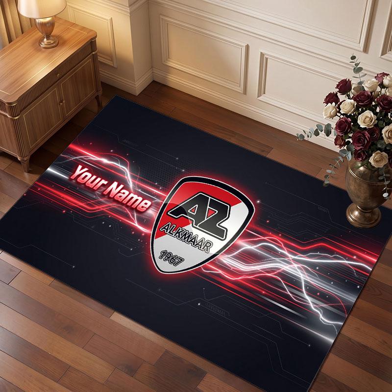 AZ Alkmaar Custom Crystal Velvet Rug, Personalized Name Text Print, Football Logo Soft Non‑Slip Floor Mat Home Decor Gift