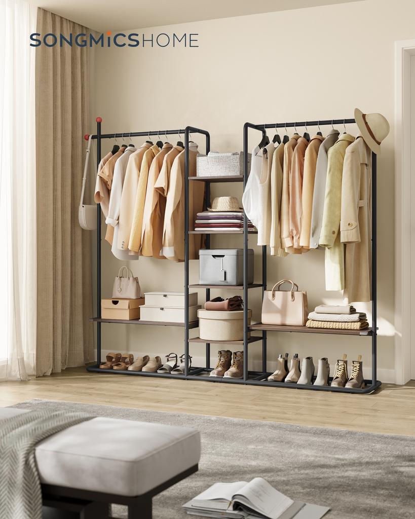 SONGMICS Scaffale porta abiti HOME, Appendiabiti con mensola per scarpe, Scaffale portaoggetti resistente, 6 ripiani portaoggetti, 2 barre appendiabiti, Ganci a forma di fiammifero