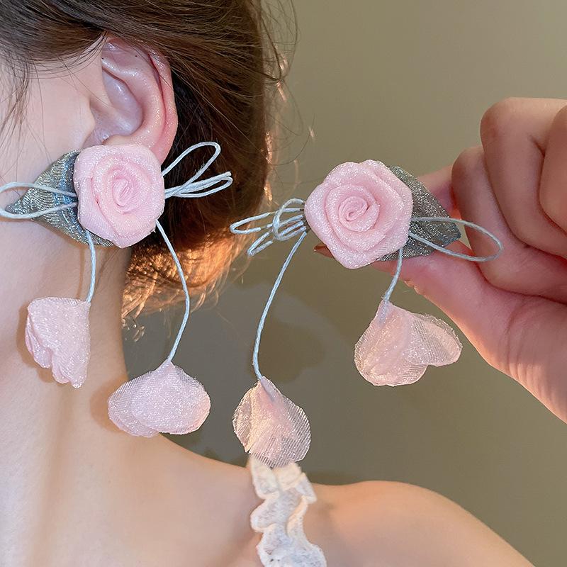 Silver Needle Chiffon Flower Tassel Earrings, Sweet Mori Style, Dopamine Trend, Versatile Women’s Earrings
