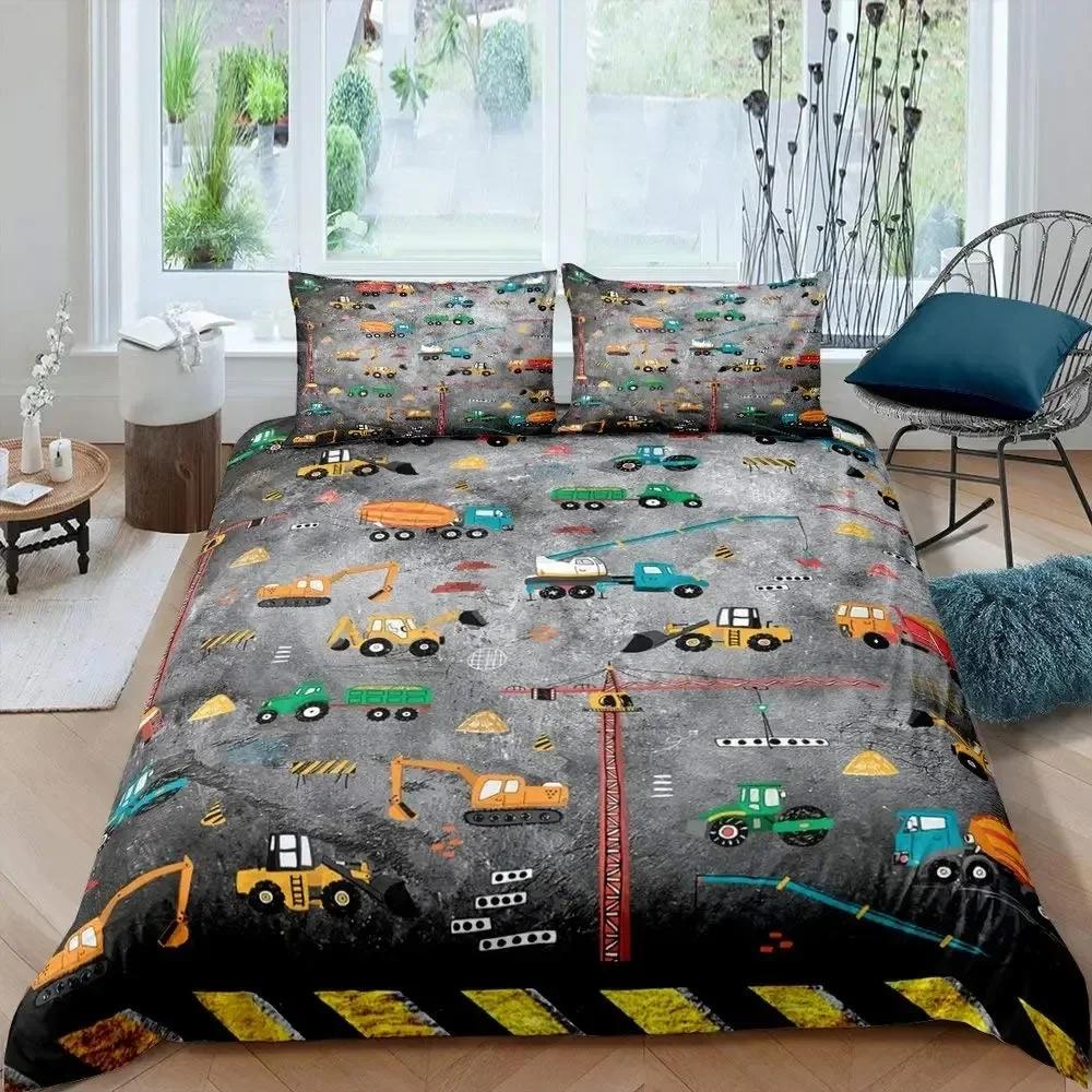Excavator Tractor Cartoon Machinery Bulldozer Trucks Comfortable Duvet Quilt Cover Pillowcase Bedding Set Children Home Textile