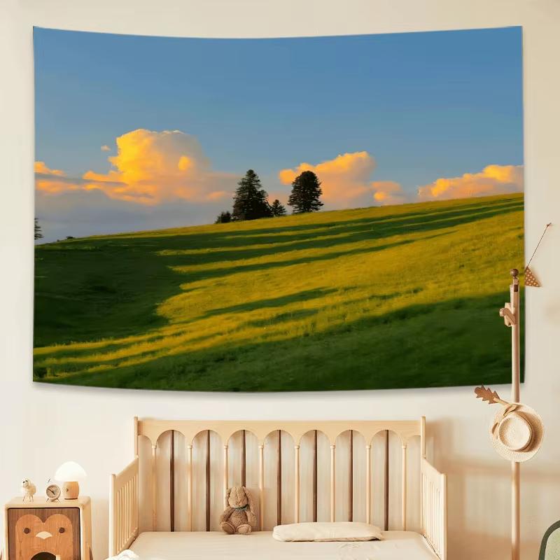 Natural Aesthetic Tapestry Gradient Clouds and Grass Landscape for Living Room Feature Wall Decor