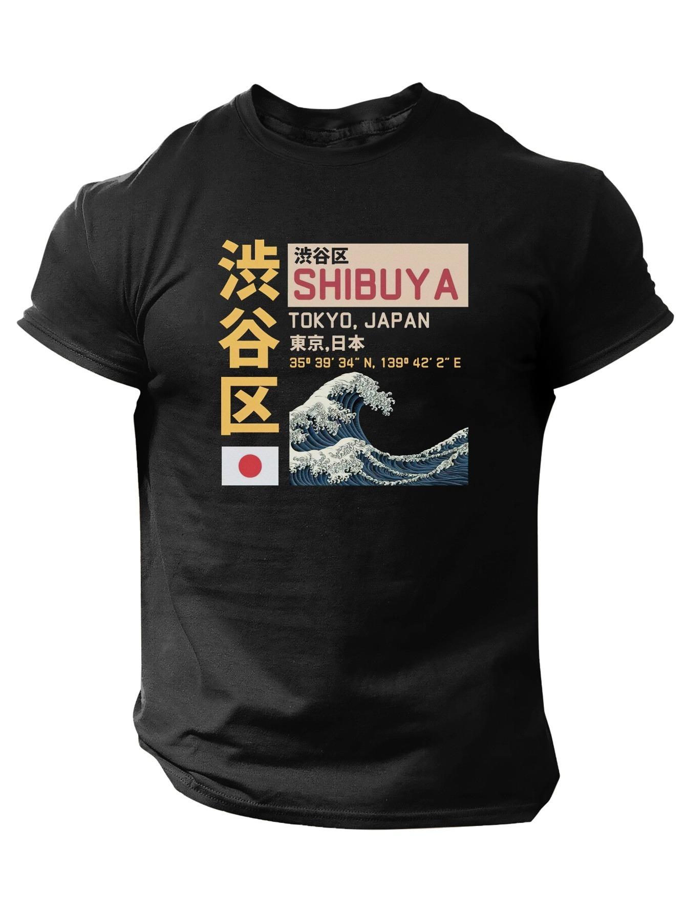Mens Heavyweight Themed TShirt Great Wave Off Kanagawa Tokyo 100 Black Casual Round Neck Tee Text Machine Summer Shirt S