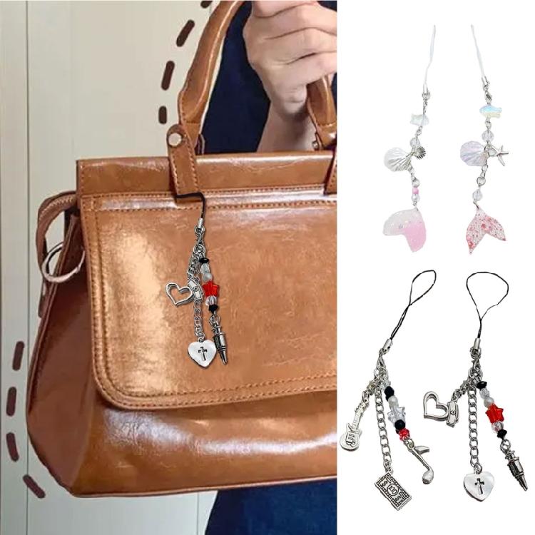 Shell Fish Tail/Bass/Heart Needle Keychain Colorful Beaded Phone Charm Bag Pendant Decoration for Women and Girls