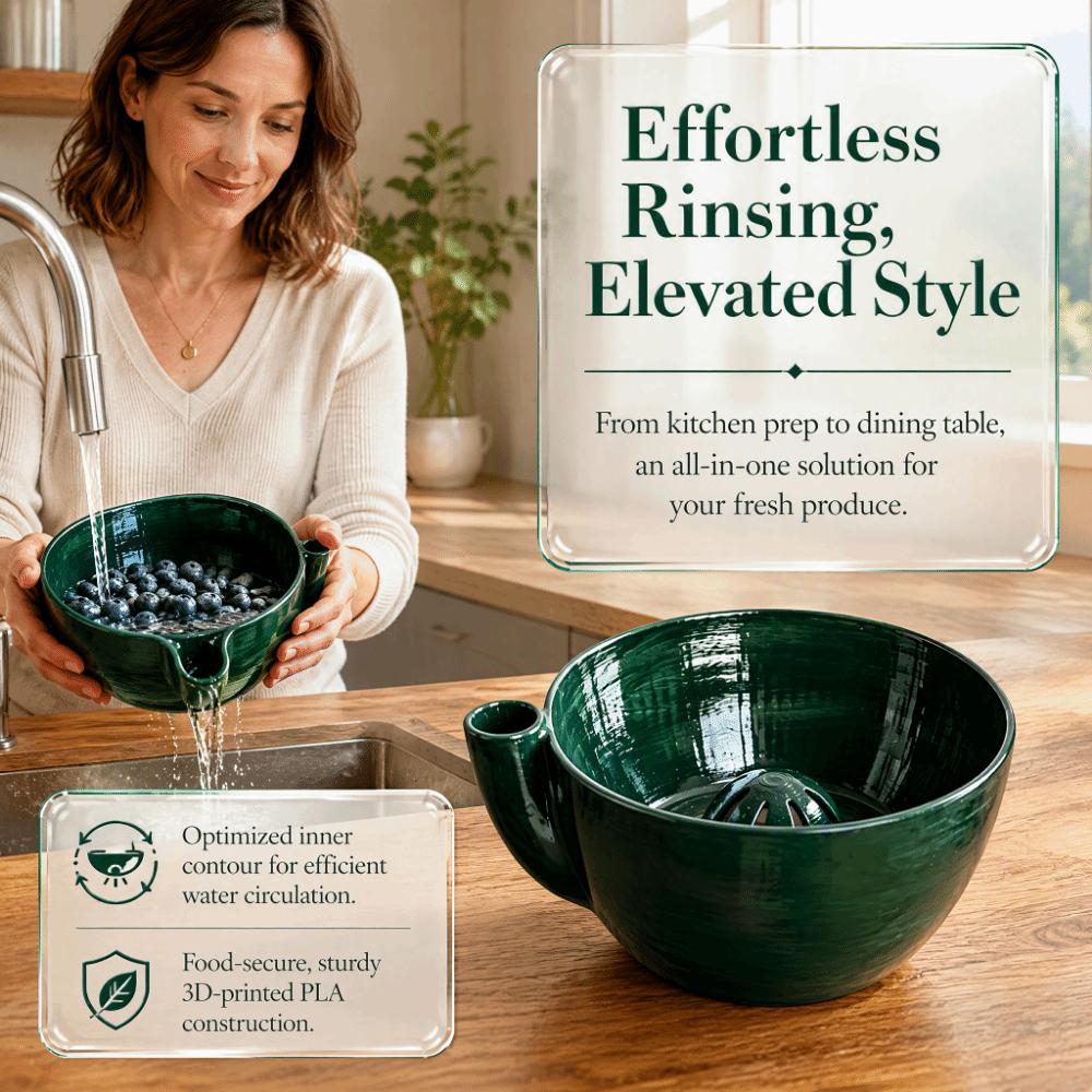 3D Printed Berry Washing Bowl Colander Design PLA Material Fruit Washing Bowl Pine Green Finish Vegetable Washing Bowl