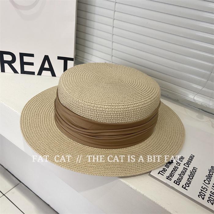 Folded ribbon flat top straw hat women's summer travel sun protection flat top hat vacation hat fashion versatile top hat