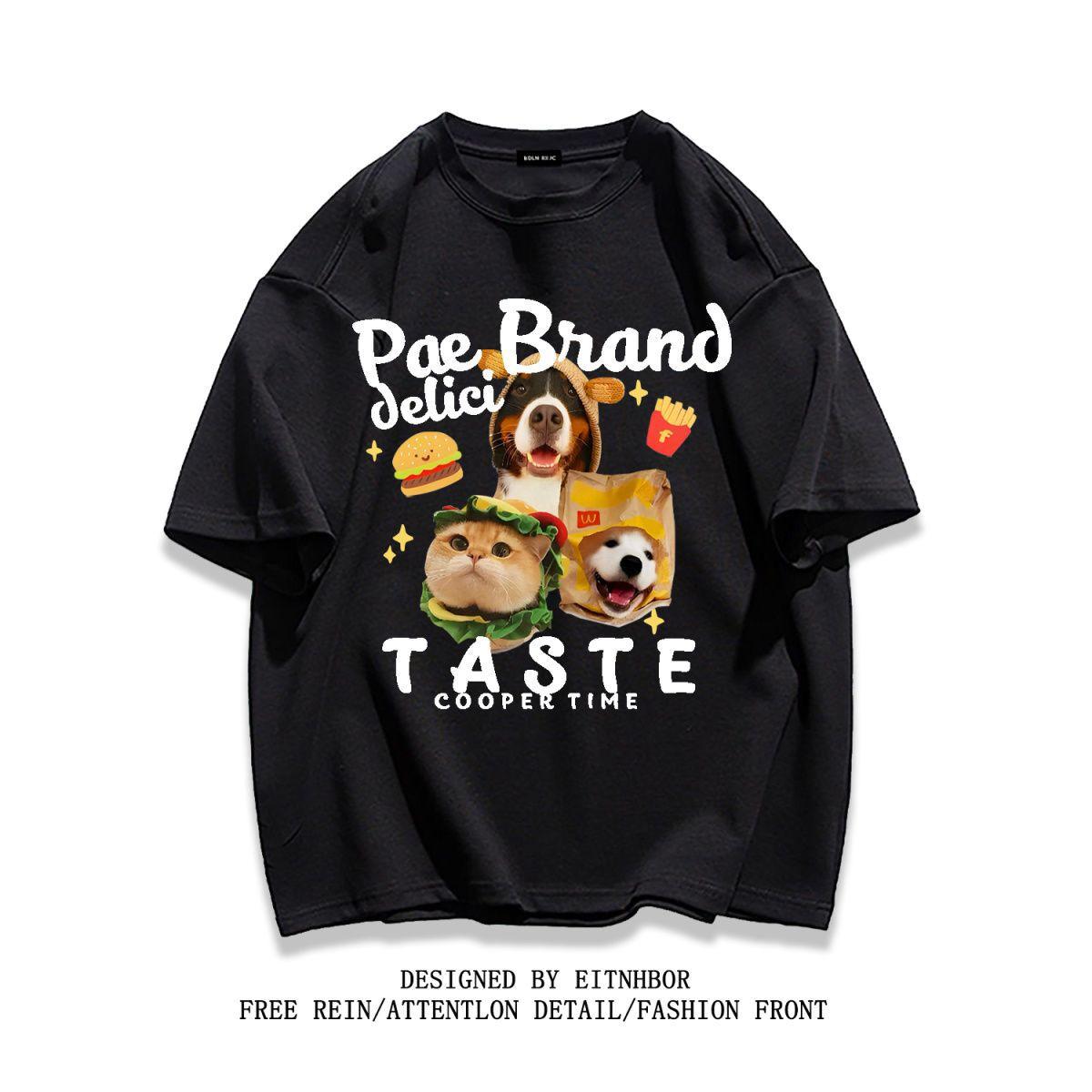 

2026 New Fashion High Street Burger Cat and Dog Graphic Print Cotton Short Sleeve Unisex Casual Athletic Short Sleeve TShirt 4XL