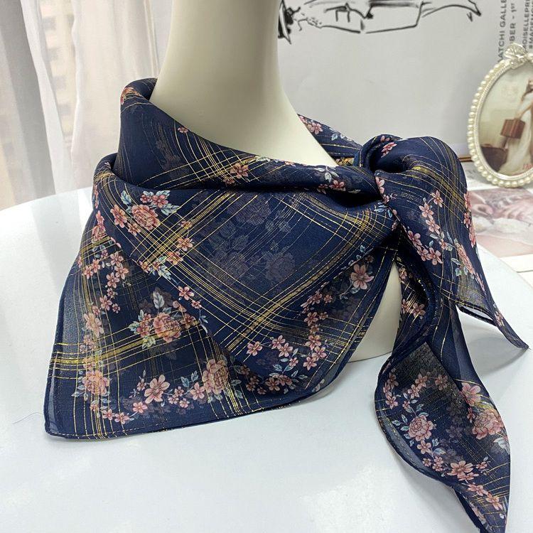

Lightweight Square Gauze Scarf: Suitable for Spring Autumn & Summer Sun Protection for Neck Gold-thread Check Pattern All-match 70*70cm королевский синий