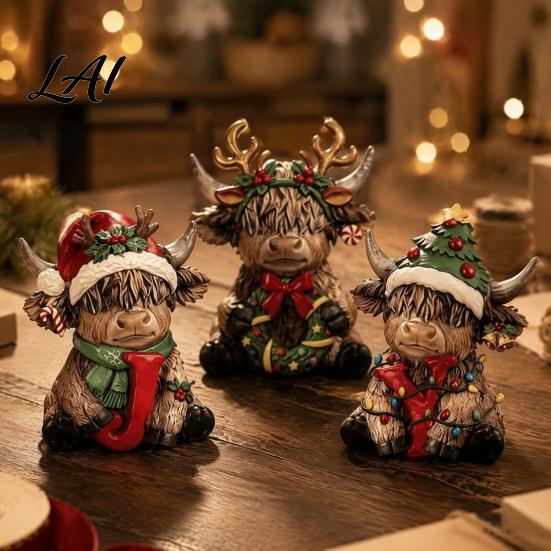 Whimsical Country Christmas Ornaments 2/3Pcs Highland Cow Wooden Tabletop Sign 2D Flat Yak Holiday Tree Decorations Figurine Ornament with