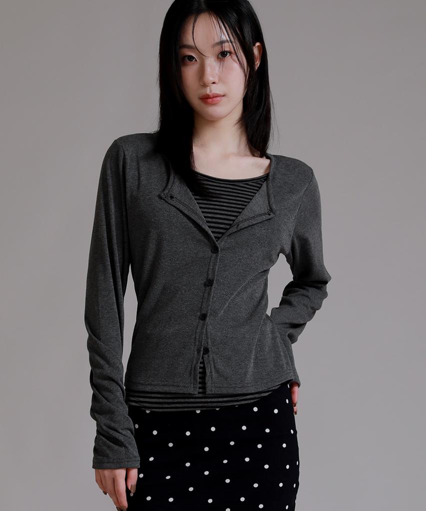 LIKE THE MOST Striped Inner Layered Cardigan T-Shirt_Charcoal