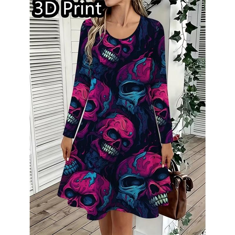 Spring Autumn Women Dress Casual Long Sleeve O-neck 3D Print Loose A-Line Dress Oversized Home Wear Robe