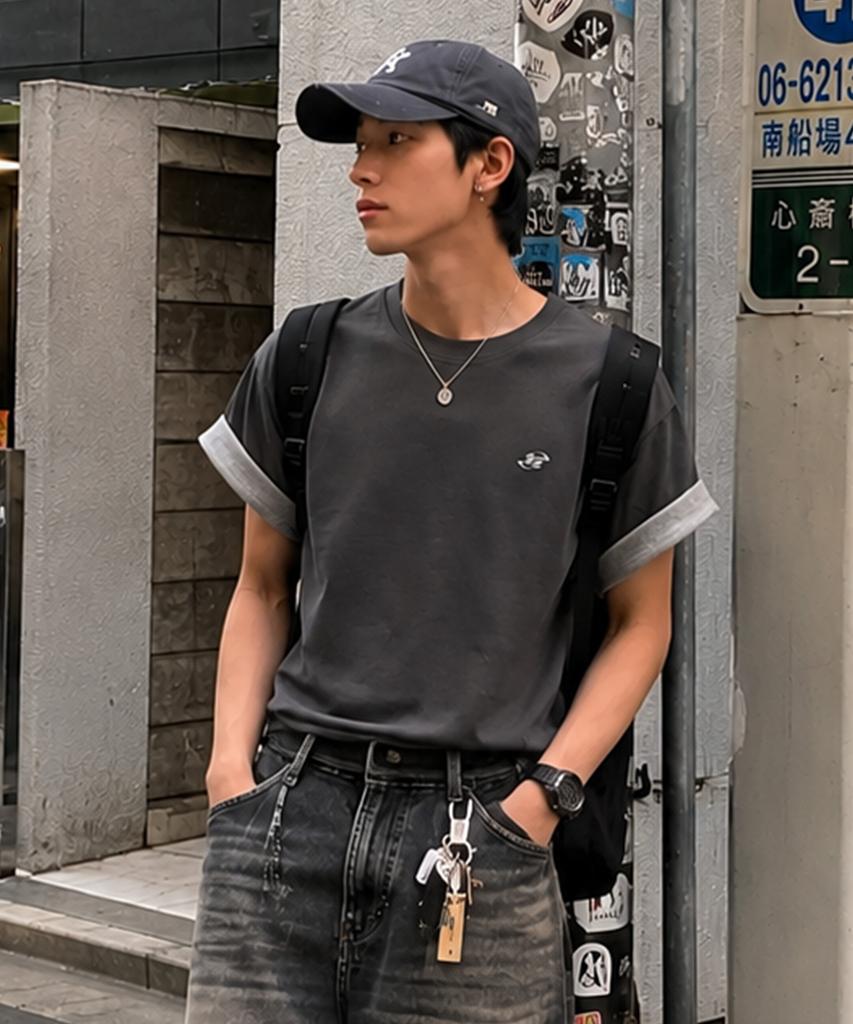 Peideu Pd Signature Logo Roll-Up Crop Short Sleeve T-Shirt Charcoal