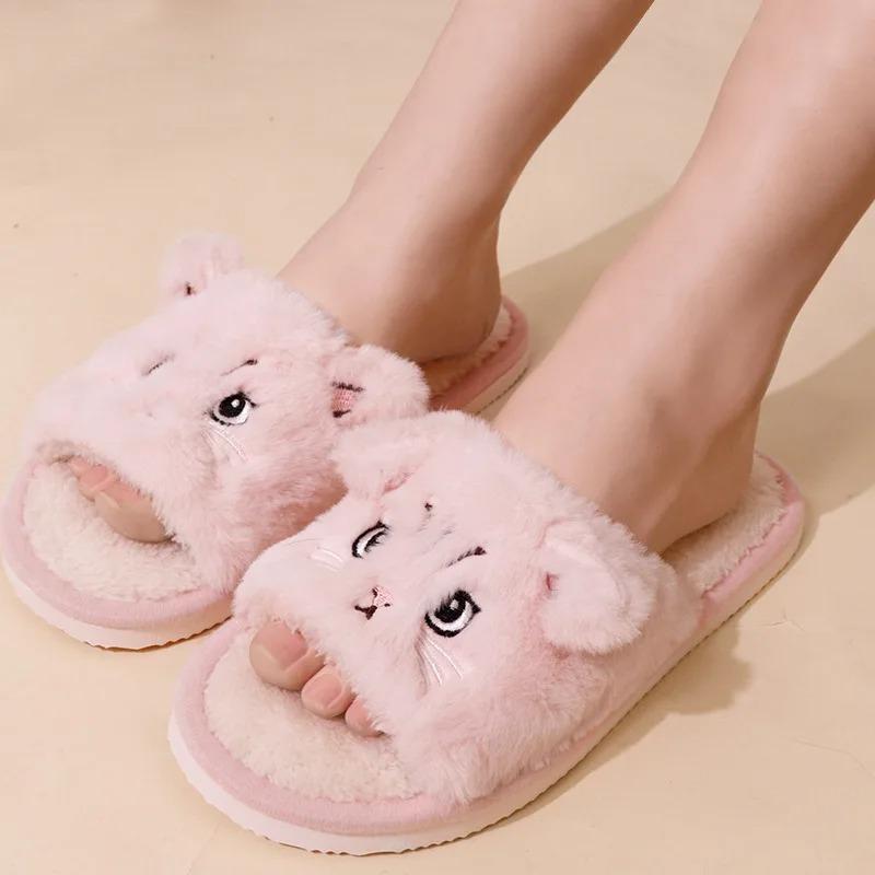Cute Cartoon Cat Home Slippers for Women Open Toe Non Slip Wave Sole Faux Fur Slides Woman Autumn Winter Plush Indoor Slippers