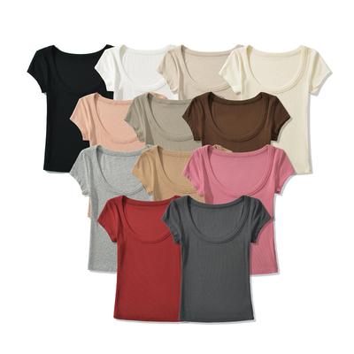 Damen 2024 Sommer Slim Stretch Kurzarmtop mit Rundhalsausschnitt und tief ausgeschnittenem Design