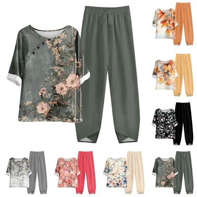 Ensemble deux pièces pour femmes, haut imprimé à manches mi-longues, taille élastique, pantalon neuf pièces, été