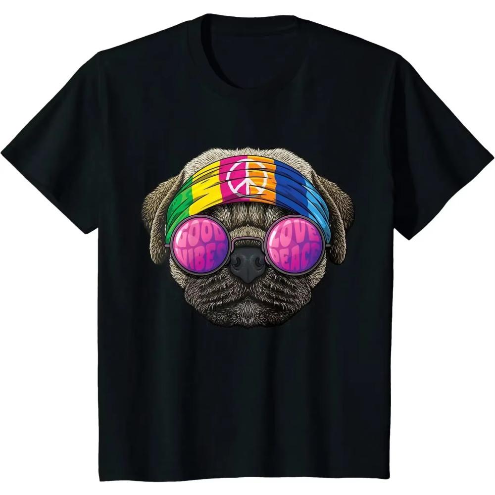 

Hippie Pug Love Peace Sign 70s Hippie Dog T-Shirt Casual Four Seasons Daily Tees Men Clothing Harajuku Mens T Shirts Cotton XXXXXL