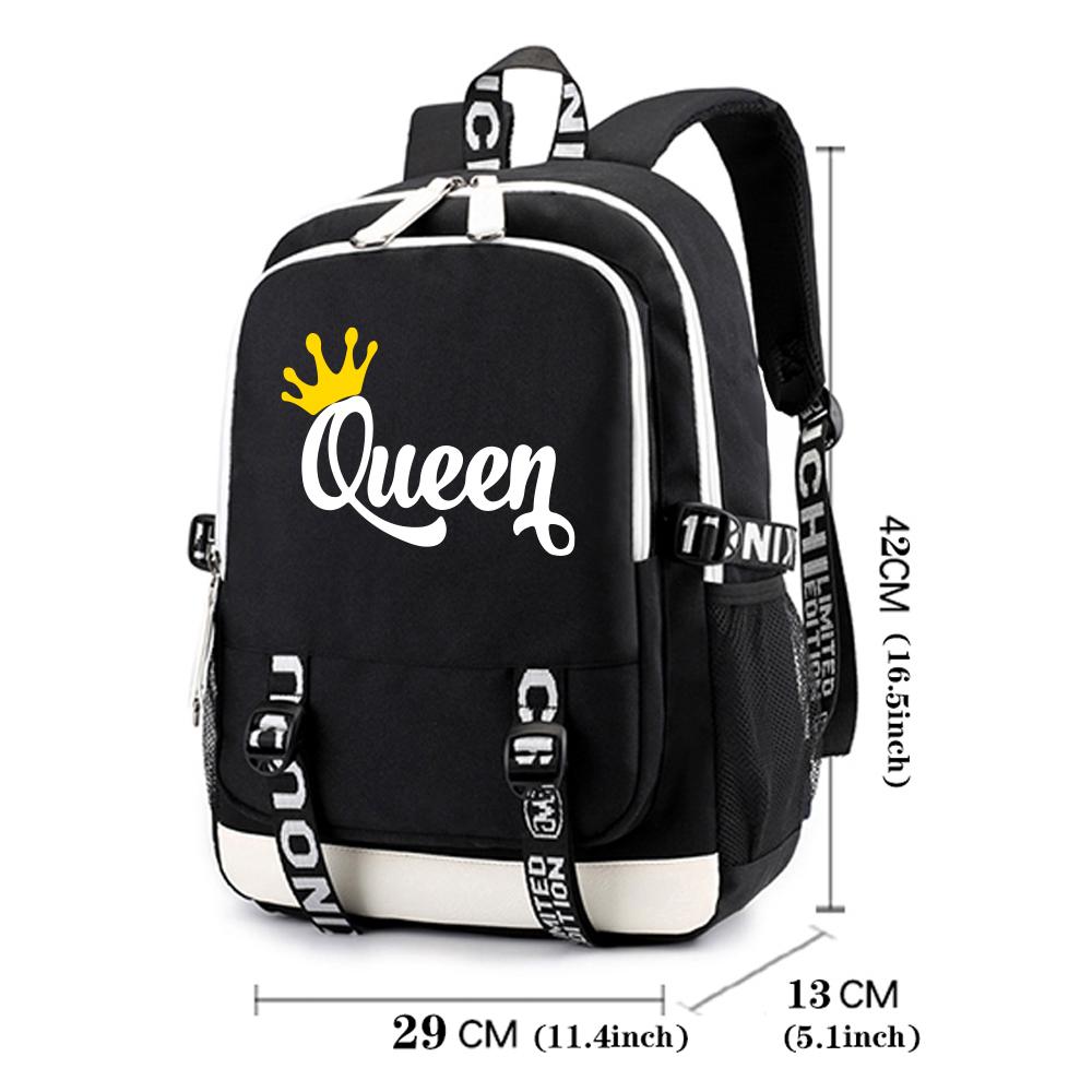 King Queen Letter Print Backpack Women Girls Fashion Travel Adjustable Shoulder Backpacks Outdoor School Bag for Couple