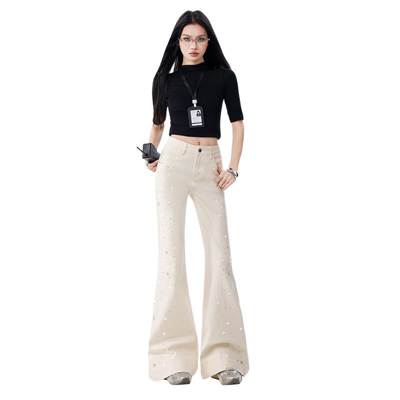 Early Spring Full Star Rhinestone Elastic Apricot Wide Leg Flare Denim Pants For Women Casual Pants Oversize Denim Trousers