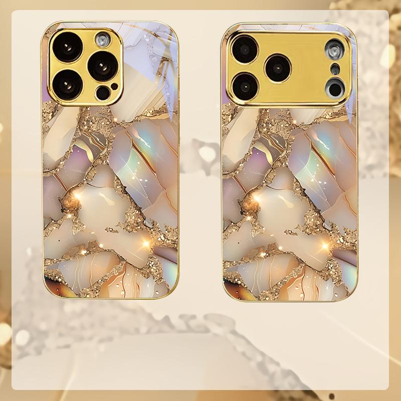 Pastel Broken Gemstone Electroplated Golden Phone Case For iPhone 17 16 15 14 13 12 11 Pro Max Plus 16E 17Air 7 8 X Glass Cover