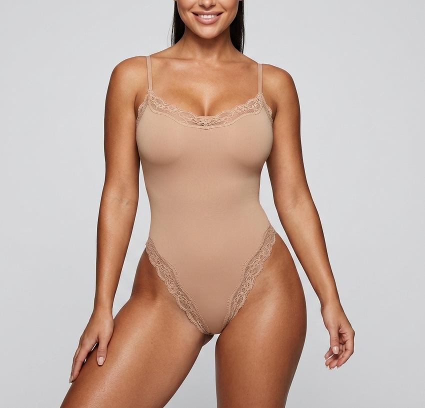 Sexy Spitzenbesetzter High-Waist Formender Strumpfhalter-Bodysuit Für Damen