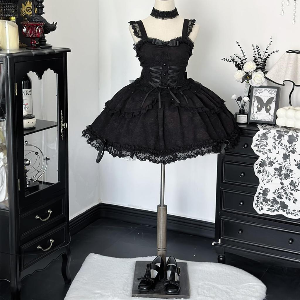Toku en Yuu Lolita JSK Gothic Lolita Mori Girl Jumperrok met Kant Gevlochten Mini Gothic Prinses Schattig Lint Mori Girl Schoolfeest Jurk,