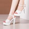 Small Size 32-43 White Red Bling Wedding Shoes Woman Block High Heels Sandals 2025 Summer Women's Platform Sandals Office Model