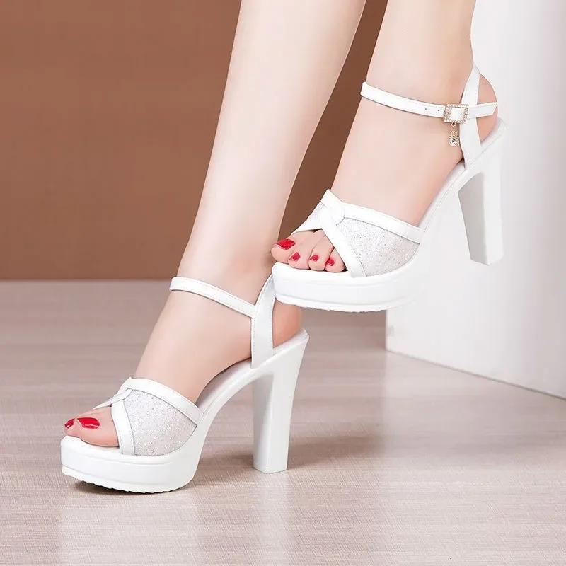 Small Size 32-43 White Red Bling Wedding Shoes Woman Block High Heels Sandals 2025 Summer Women's Platform Sandals Office Model