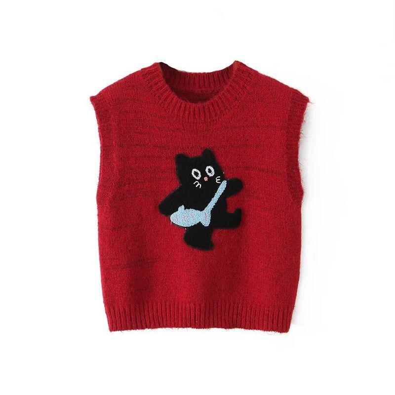 Kaslead New Women clothes Western Style Towel Embroidery Stickers Cartoon Kitten Pattern Pullover Vest Sweater
