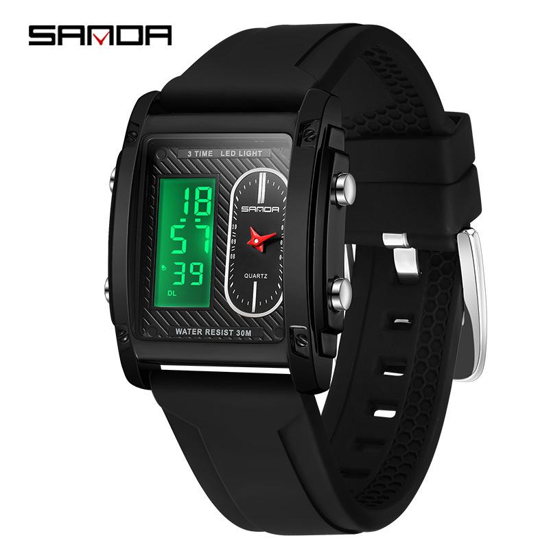 Sanda Men s Dual Display Square Stainless Steel  Silicone Business Watch, Waterproof  Multifunctional