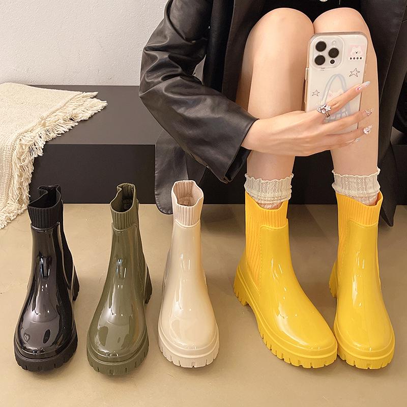 2025 Women's Fashion Elastic Band Waterproof Rain Boots - Thick Sole, Solid Color, Non-Slip & Versatile Casual Galoshes